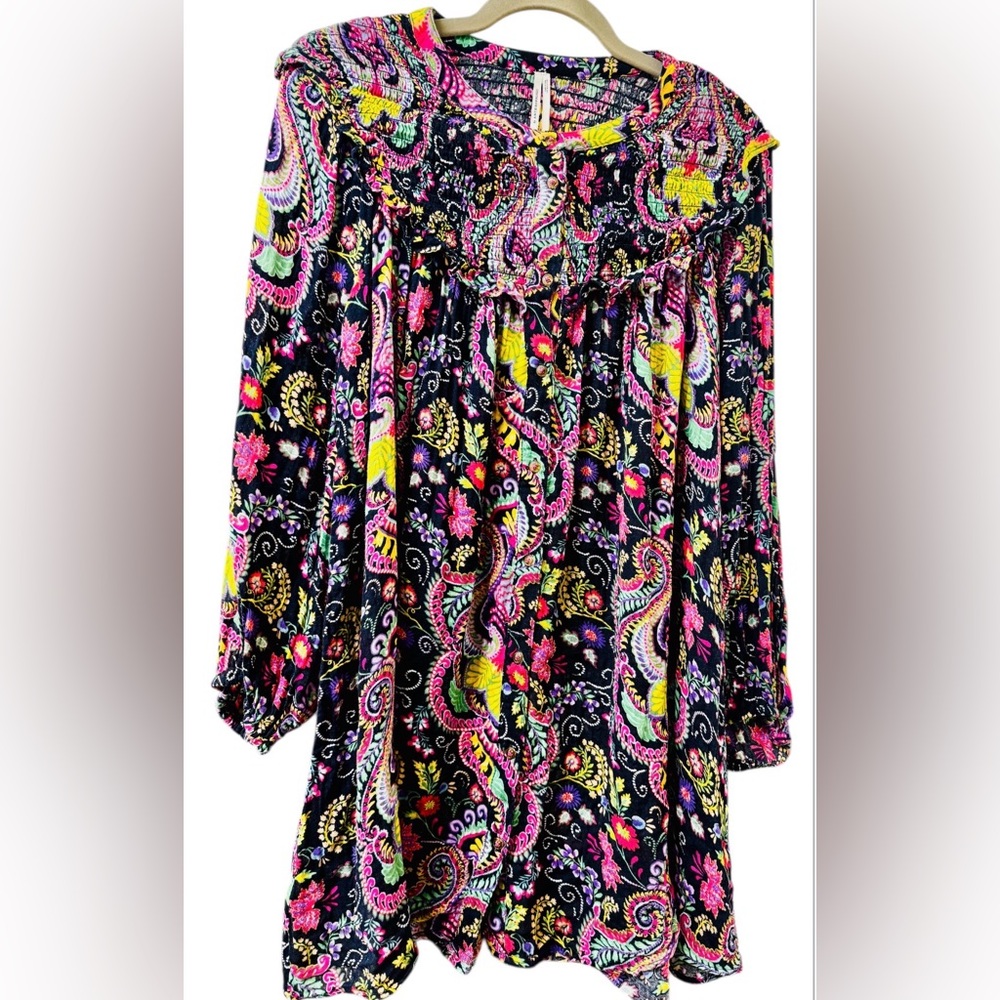 Anthropologie oversized dress S Paisley Tunisian Tunic Colorful Smocked Boho